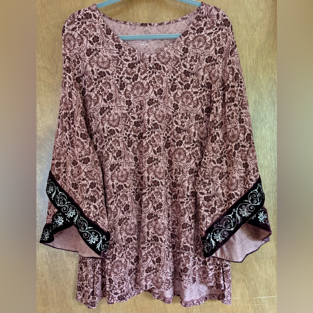 Soft Surroundings Floral Tunic Top Velvet Trim Bell Sleeve V-Neck Blouse - 2X